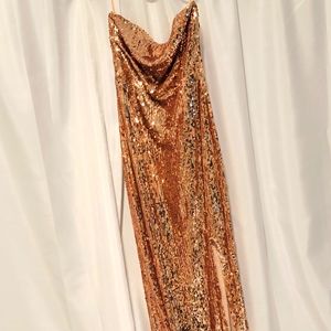 sequin strapless tan color dress. With slit. Large size.zipper back